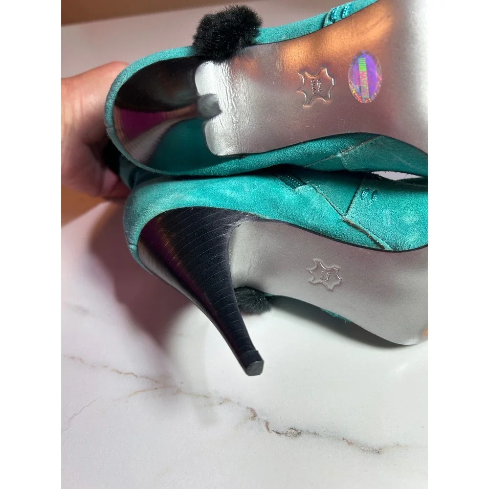 Vtg Turquoise Suede Faux Fur Trim Ankle Boots Animal Print Buckle Stiletto Heels